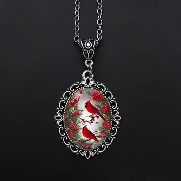 Silver Oval Shaped CARDINAL Red Bird Pendant Necklace - Picture 2 of 3